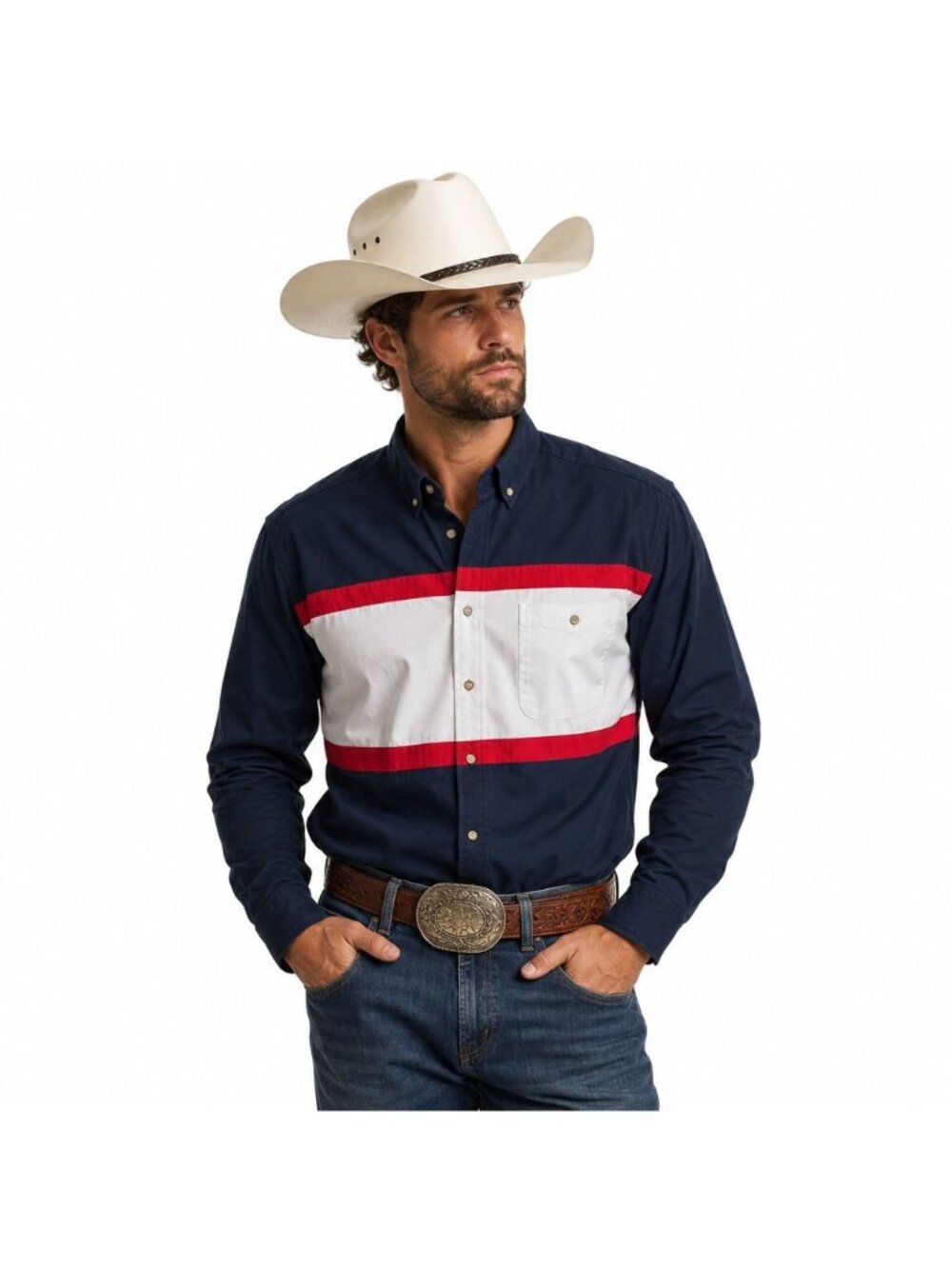 NWT Panhandle Slim Rough Stock Men L Long Sleeve Western Cowboy White/Blue Shirt